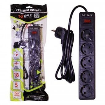 1-2.SALE сетевой фильтр ПВС 3х0.75 5роз. 1.8м 10А 2200W ЧЕРНЫЙ, земля, выкл. E1М 901416