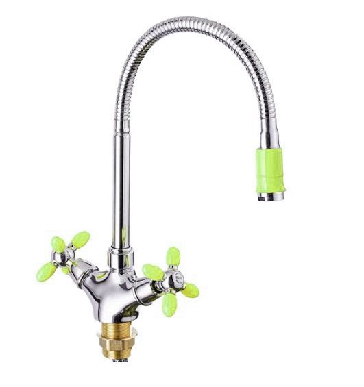 Смеситель для кухни двухручковый зеленый/хром Potato P 5871-11 (гибкий излив)