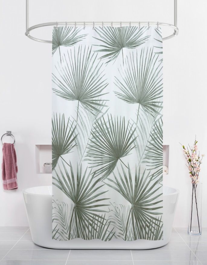 Штора для ванной тканевая белая, пальмы ВТ-829904 , "Дорофей", 180*180
