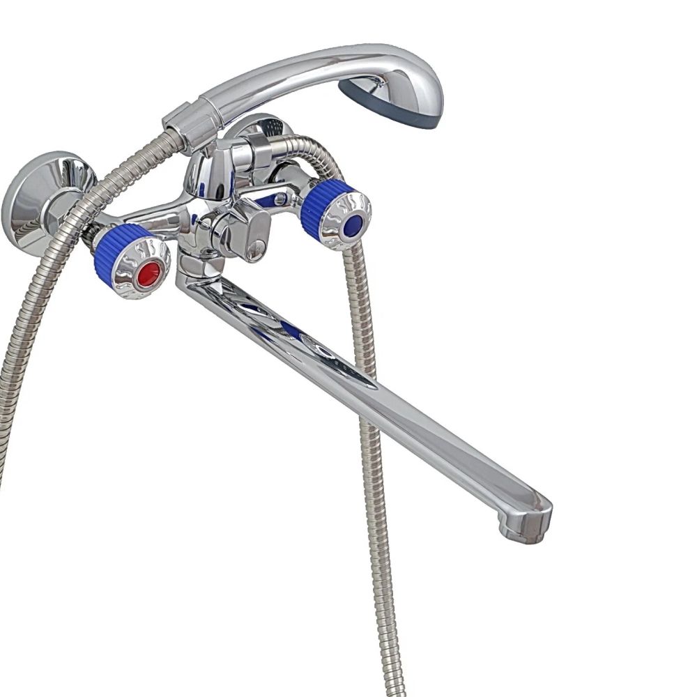 Смеситель для ванны и умывальника двухручковый  синий с хромом  Potato Эверест B23-356D