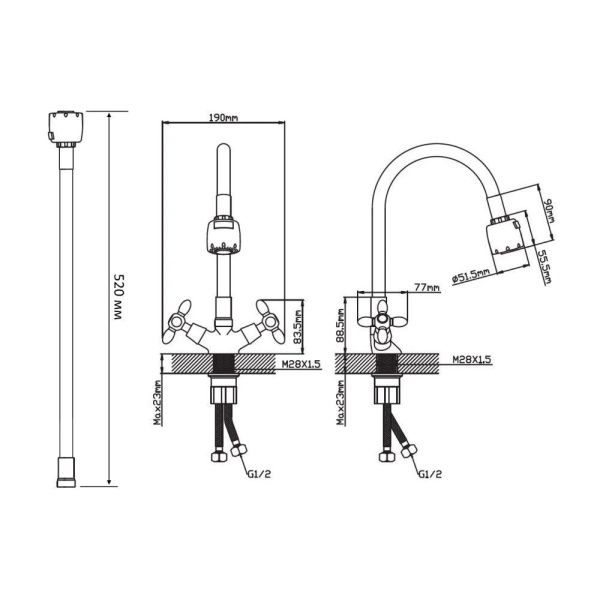 Смеситель для кухни двухручковый хром Potato Эверест B 57-071 C