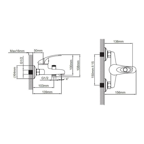 Смеситель для ванны и душа монокомандный  хром  Potato Эверест B30-040