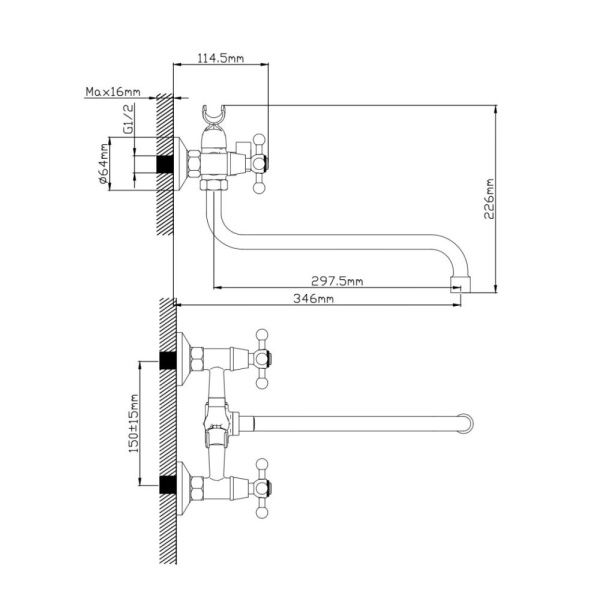Смеситель для ванны и умывальника двухручковый хром Potato Эверест B 25-352