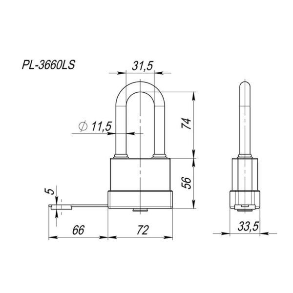 Замок навесной PL-WEATHER-3660 LS 3key BLACK удл. дужка, англ. /блистер