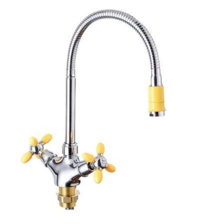 Смеситель для кухни двухручковый желтый/хром Potato P 5871-10 (гибкий излив)
