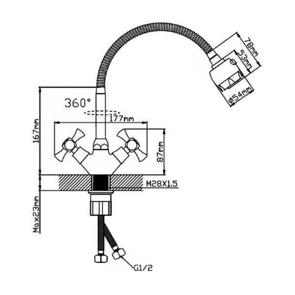 Смеситель для кухни двухручковый хром Potato Эверест B 58-064 (гибкий излив)